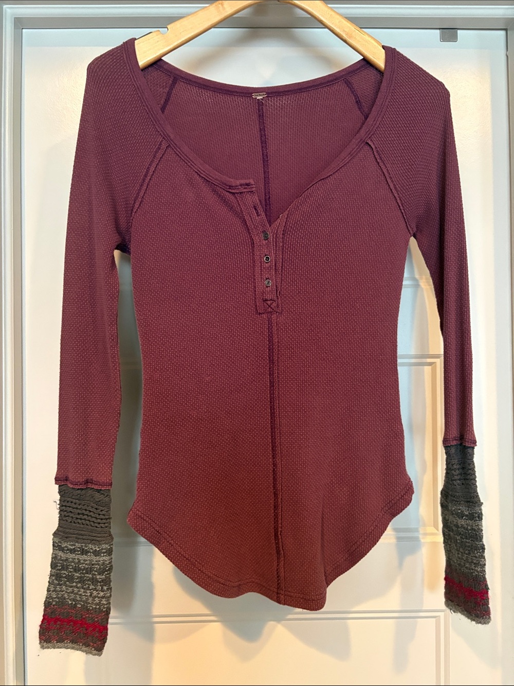 Free People Plum Long-Sleeve Henley Waffle Shirt with Contrast Cuffs